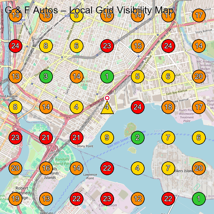 G & F Autos Used Auto Parts Store GeoGrid ranking map for Bronx NY